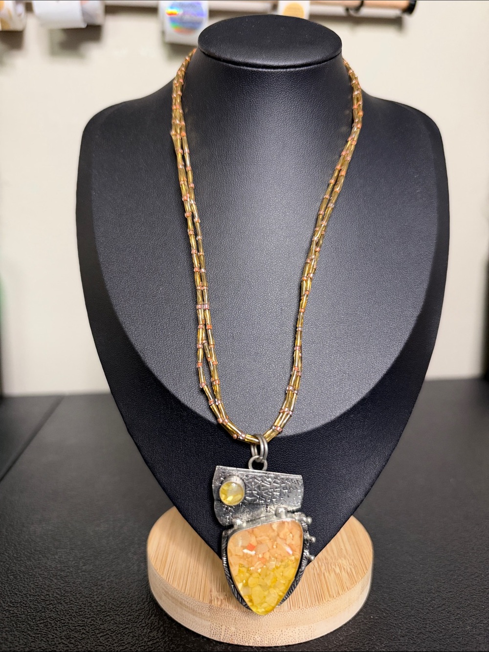 Handcrafted Yellow Gold Stone Glass Beaded Pendant Necklace Southwestern